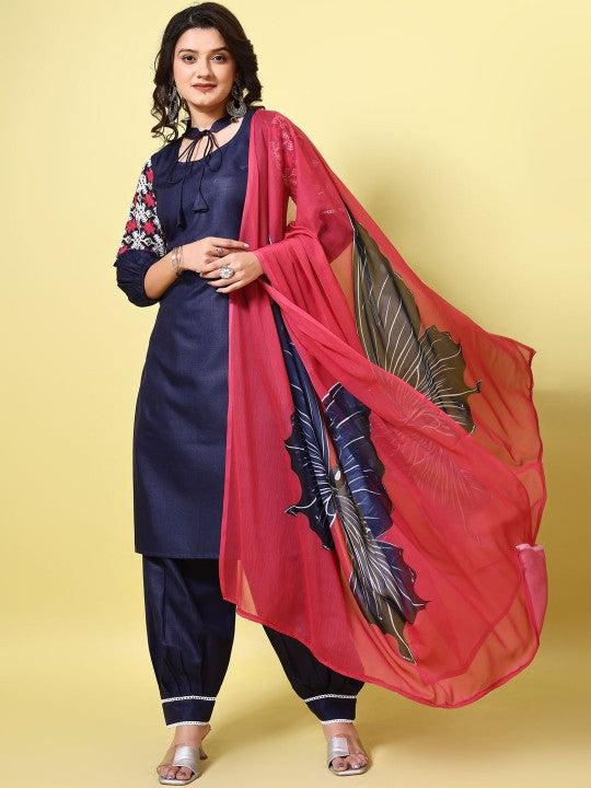 Navy Blue Floral Embroidered Tie-Up Neck Straight Kurta With Salwar And Dupatta-1