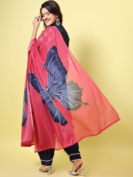 Navy Blue Floral Embroidered Tie-Up Neck Straight Kurta With Salwar And Dupatta-2