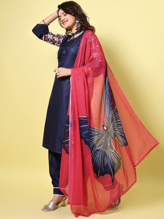 Navy Blue Floral Embroidered Tie-Up Neck Straight Kurta With Salwar And Dupatta-3