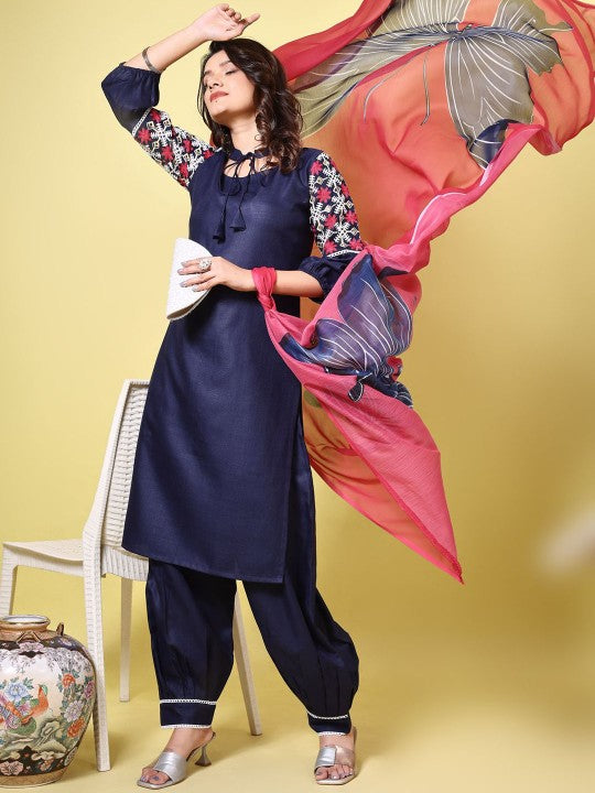 Navy Blue Floral Embroidered Tie-Up Neck Straight Kurta With Salwar And Dupatta-4