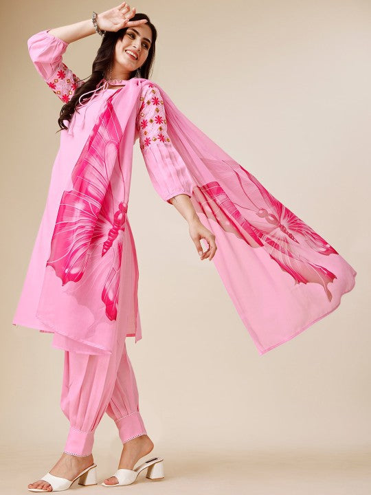 Navy Blue Floral Embroidered Tie-Up Neck Straight Kurta With Salwar And Dupatta