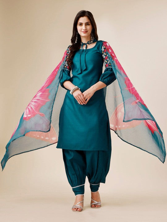 Navy Blue Floral Embroidered Tie-Up Neck Straight Kurta With Salwar And Dupatta