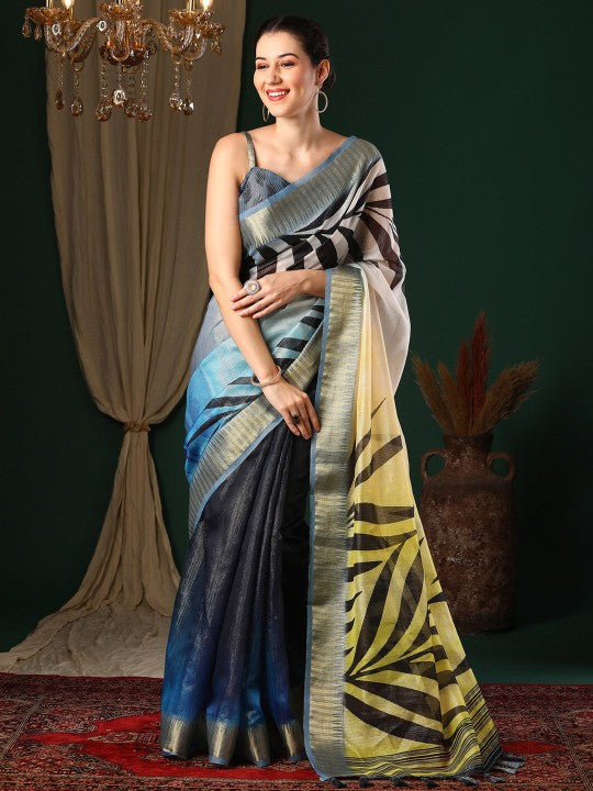 Navy Blue Floral Printed Woven Design Block Print Zari Organza Saree-1