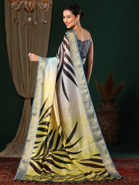 Navy Blue Floral Printed Woven Design Block Print Zari Organza Saree-2