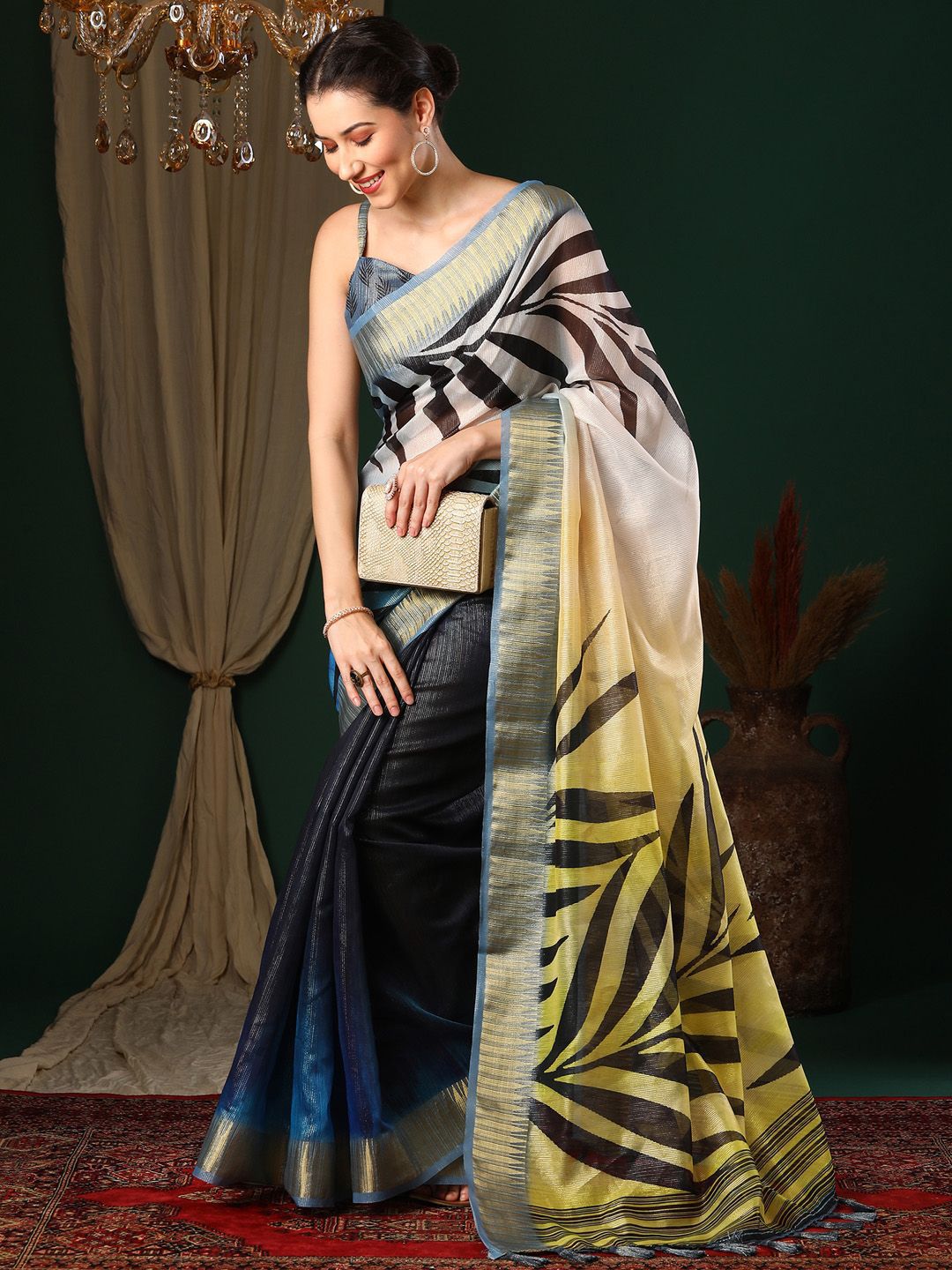 Navy Blue Floral Printed Woven Design Block Print Zari Organza Saree