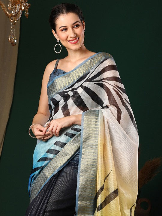 Navy Blue Floral Printed Woven Design Block Print Zari Organza Saree-4