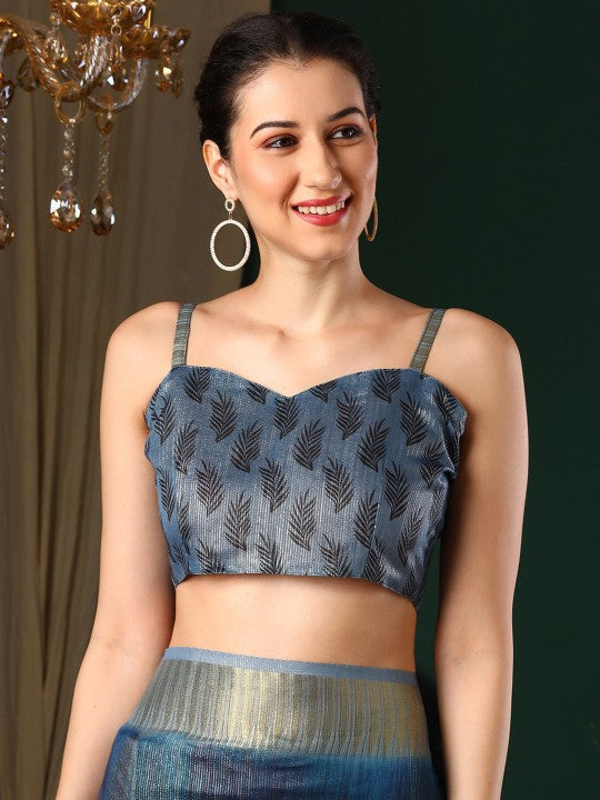 Navy Blue Floral Printed Woven Design Block Print Zari Organza Saree