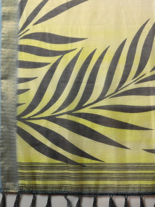 Navy Blue Floral Printed Woven Design Block Print Zari Organza Saree