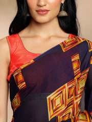 Navy Blue Geometric Printed Pure Georgette SareeSareeThis saree features a geometric print pattern, making it suitable for daily wear with its versatile and contemporary design. The absence of a border gives it a cleanNavy Blue Geometric Printed Pure Georgette Saree