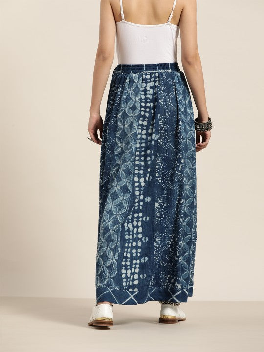 Navy Blue & Off-White Indigo Dyed Sustainable Pure Cotton Maxi Flared Skirt-2