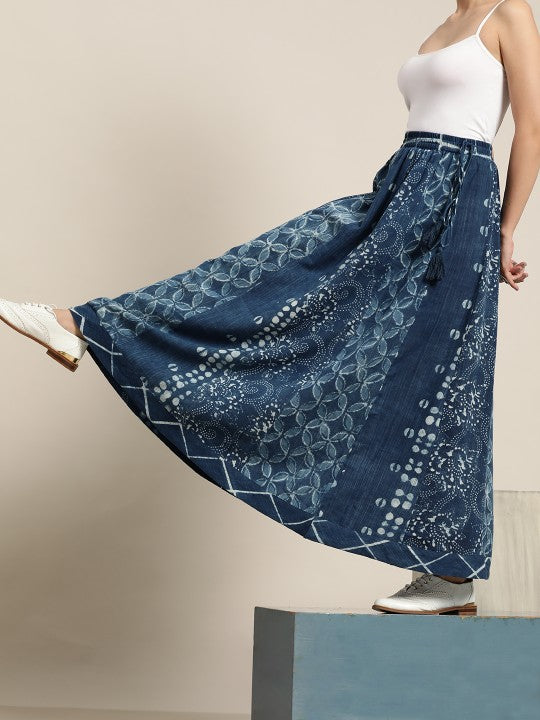Navy Blue & Off-White Indigo Dyed Sustainable Pure Cotton Maxi Flared Skirt-3