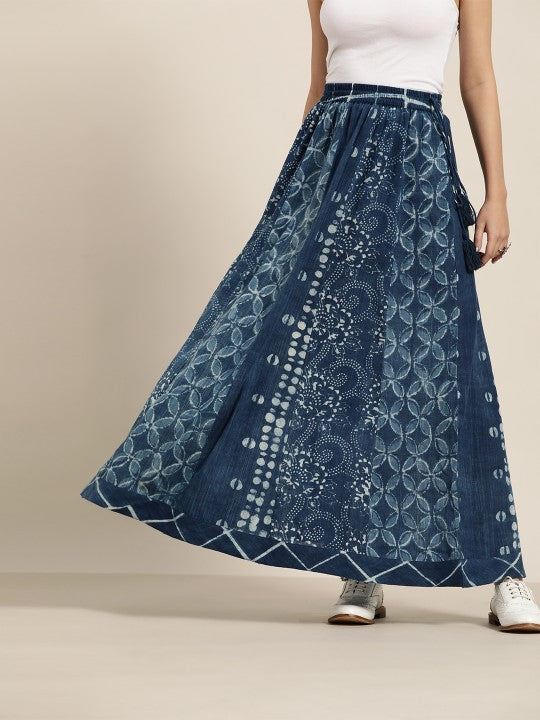 Navy Blue & Off-White Indigo Dyed Sustainable Pure Cotton Maxi Flared Skirt