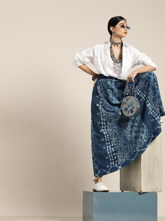Navy Blue & Off-White Indigo Dyed Sustainable Pure Cotton Maxi Flared Skirt-4