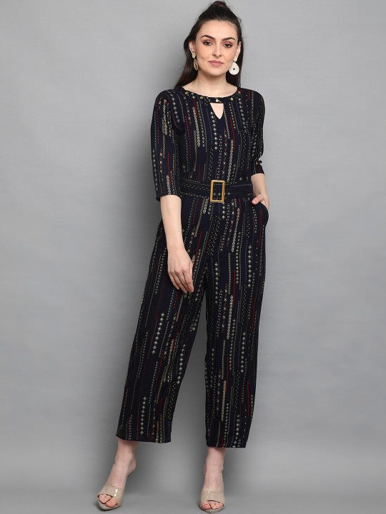 Navy Blue & White Foil Printed Basic Jumpsuit-1