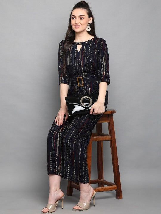 Navy Blue & White Foil Printed Basic Jumpsuit-3