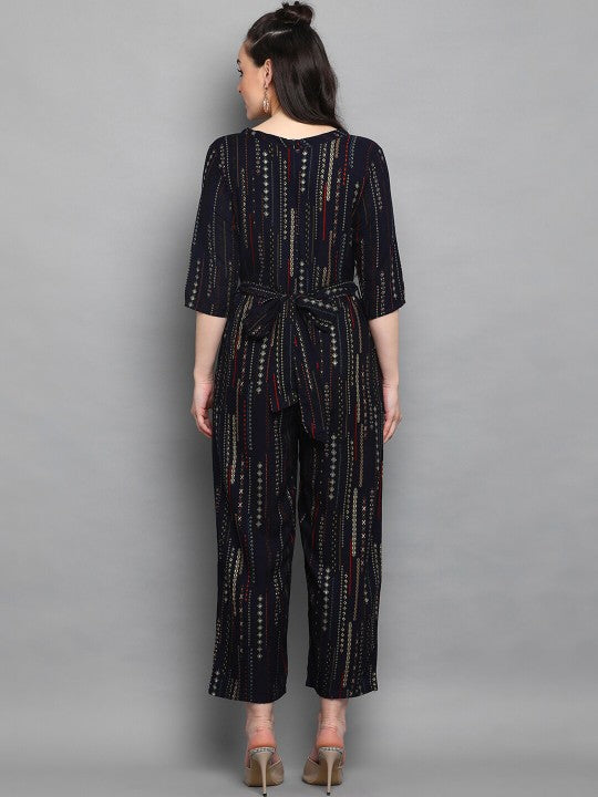 Navy Blue & White Foil Printed Basic Jumpsuit-2