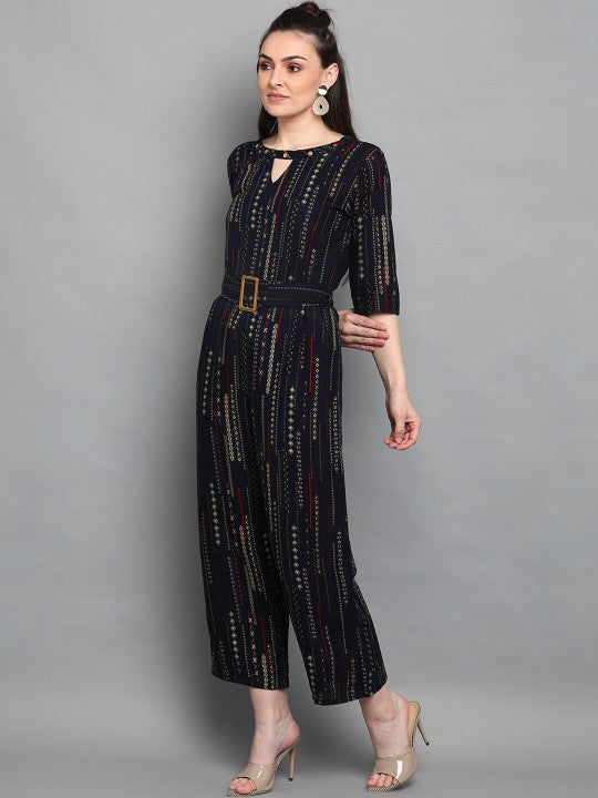 Navy Blue & White Foil Printed Basic Jumpsuit-4