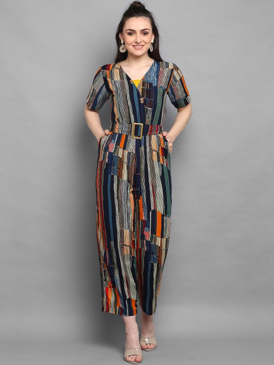 Navy Blue & White Foil Printed Basic Jumpsuit-6