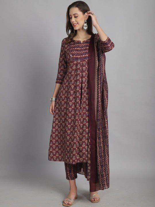 Notched Neck Mirror Work Floral Printed A Line Kurti with Trouser & Dupatta-1