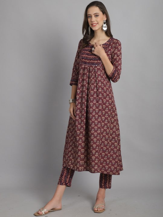 Notched Neck Mirror Work Floral Printed A Line Kurti with Trouser & Dupatta