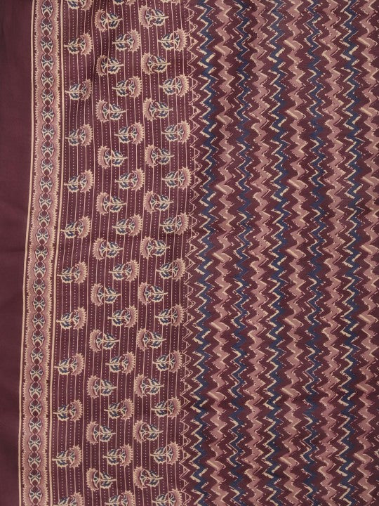 Notched Neck Mirror Work Floral Printed A Line Kurti with Trouser & Dupatta