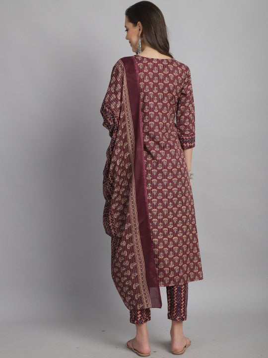 Notched Neck Mirror Work Floral Printed A Line Kurti with Trouser & Dupatta-2