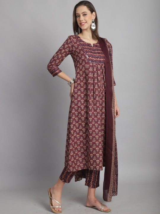 Notched Neck Mirror Work Floral Printed A Line Kurti with Trouser & Dupatta-4