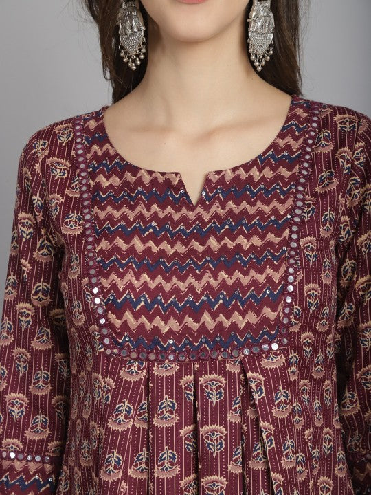 Notched Neck Mirror Work Floral Printed A Line Kurti with Trouser & Dupatta
