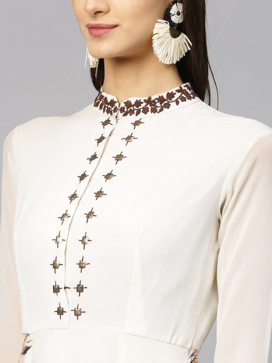 Off White & Brown Floral Printed Maxi Dress-5