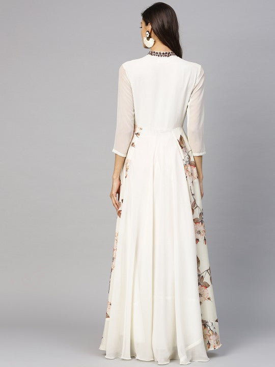 Off White & Brown Floral Printed Maxi Dress-2