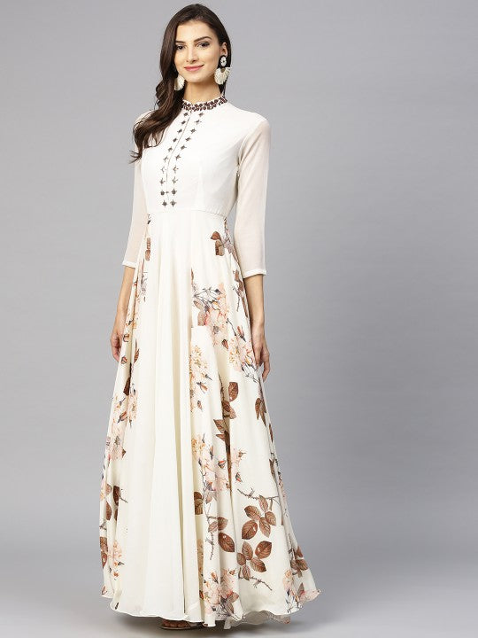 Off White & Brown Floral Printed Maxi Dress-3