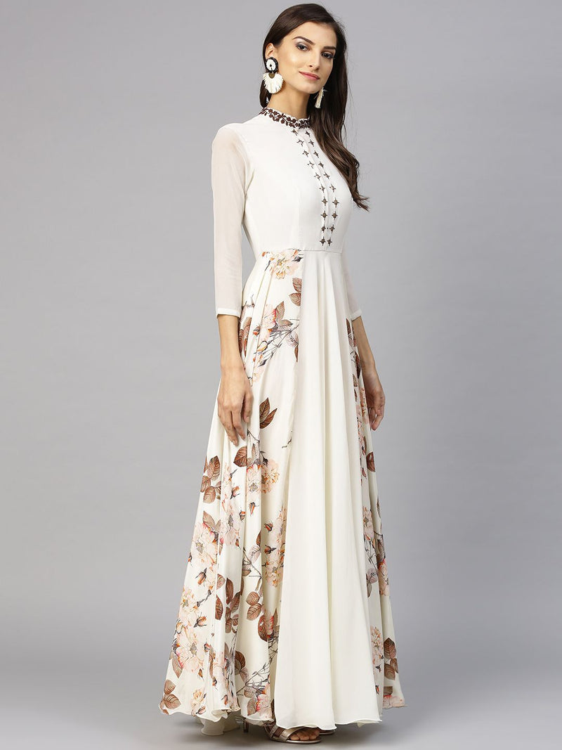 Off White & Brown Floral Printed Maxi Dress-4