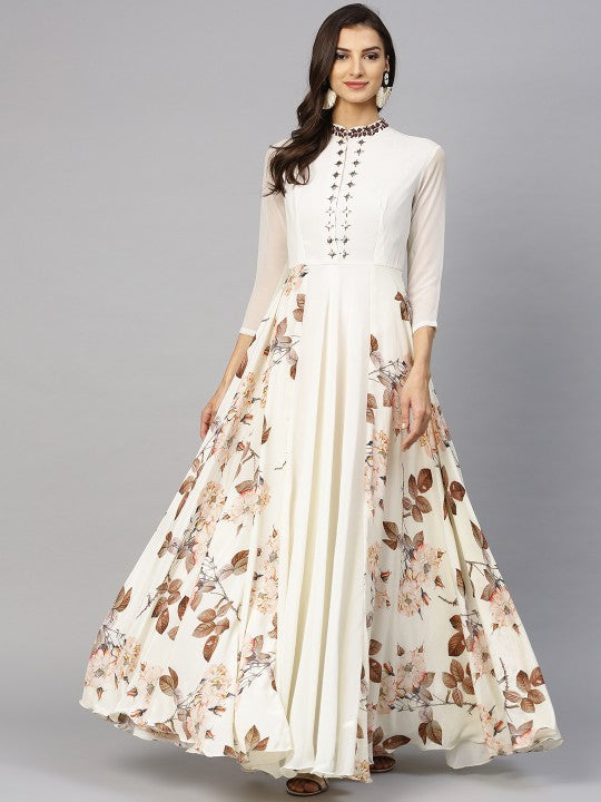 Off White & Brown Floral Printed Maxi Dress