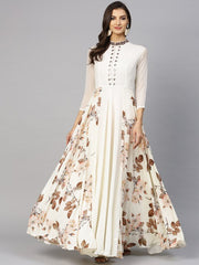 Off White & Brown Floral Printed Maxi Dress