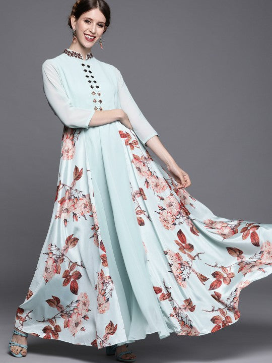Off White & Brown Floral Printed Maxi Dress-6