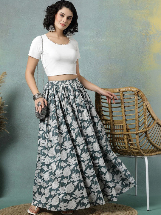 Women Pure Cotton Blend Cotton Cambric Floral Maxi Flared Skirt-3