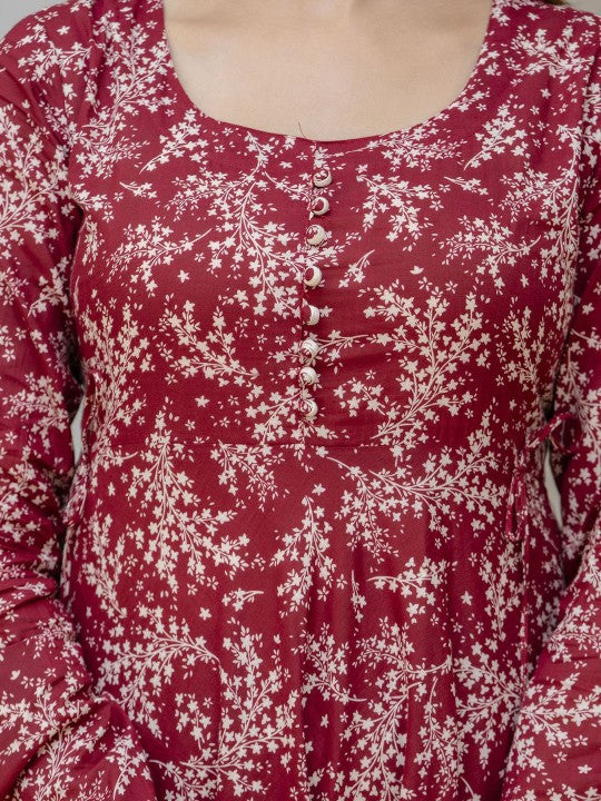 Red Floral Printed Empire Pure Cotton Anarkali Kurta With Pyjamas & Dupatta-4