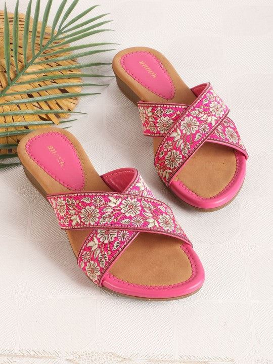 Women Woven Design Embroidered Open Toe Flats-2