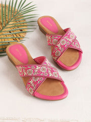 Women Woven Design Embroidered Open Toe Flats