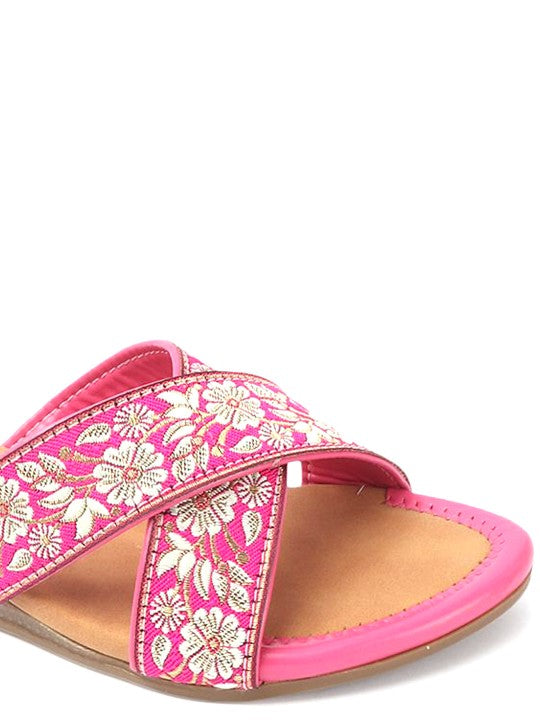 Women Woven Design Embroidered Open Toe Flats-3