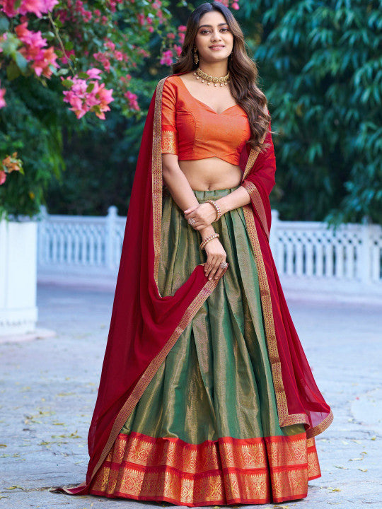 Semi-Stitched Lehenga & Unstitched Blouse With Dupatta-12