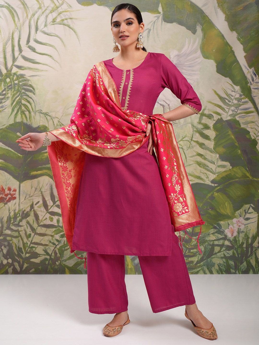 Black Round Neck Floral Regular Straight Kurta with Palazzos & With Dupatta