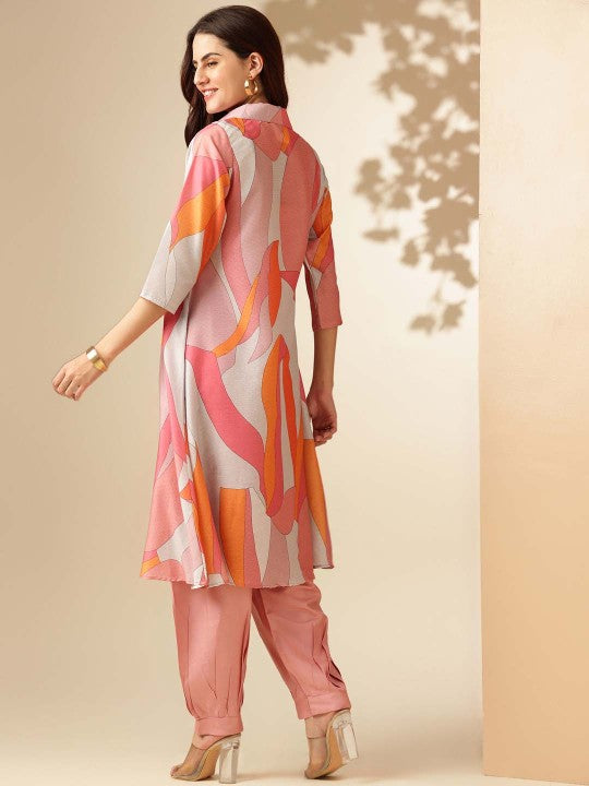 Pink & White Printed Shirt Collar A-Line Kurta With Salwar-2