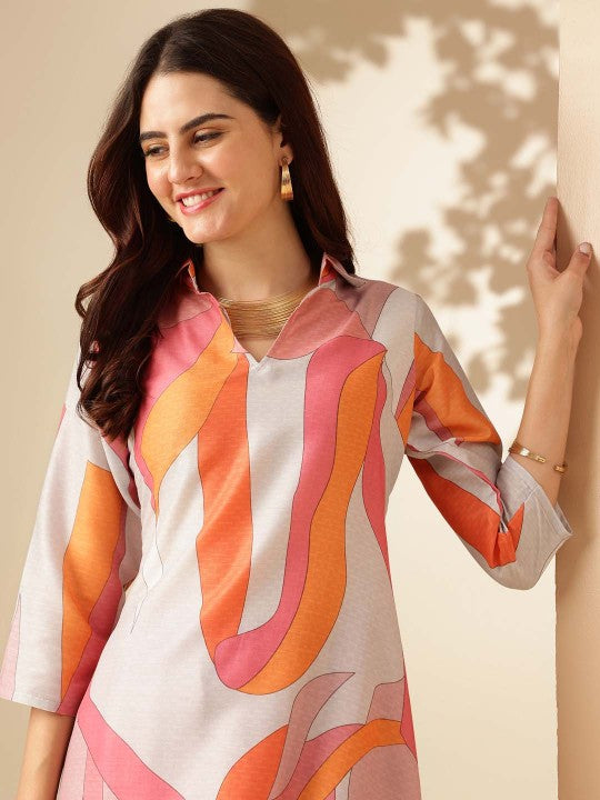 Pink & White Printed Shirt Collar A-Line Kurta With Salwar-4