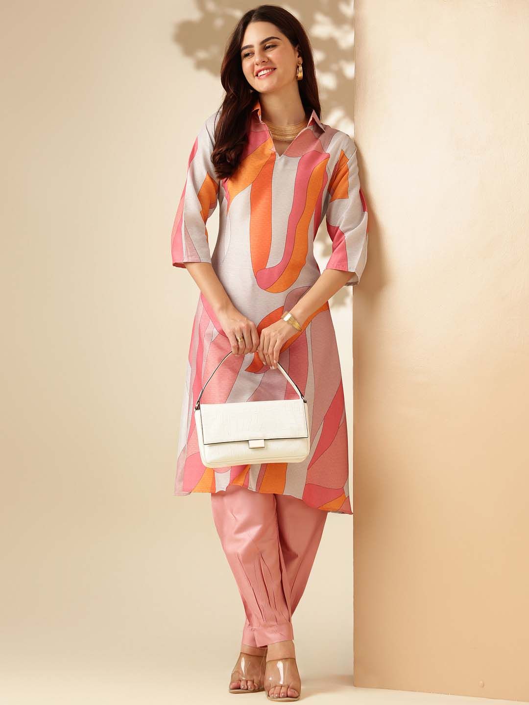 Pink & White Printed Shirt Collar A-Line Kurta With Salwar