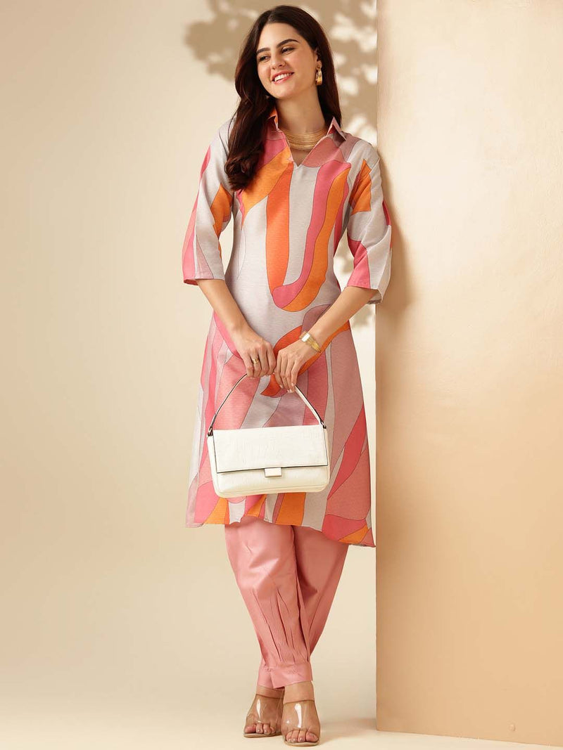 Pink & White Printed Shirt Collar A-Line Kurta With Salwar-6