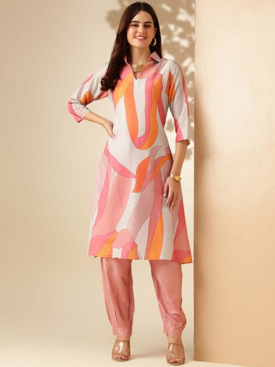 Pink & White Printed Shirt Collar A-Line Kurta With Salwar-1