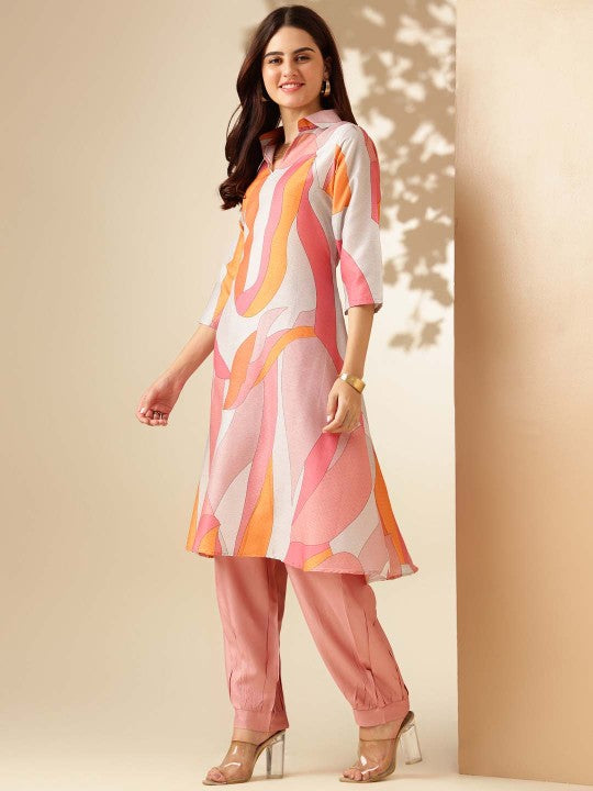 Pink & White Printed Shirt Collar A-Line Kurta With Salwar-3