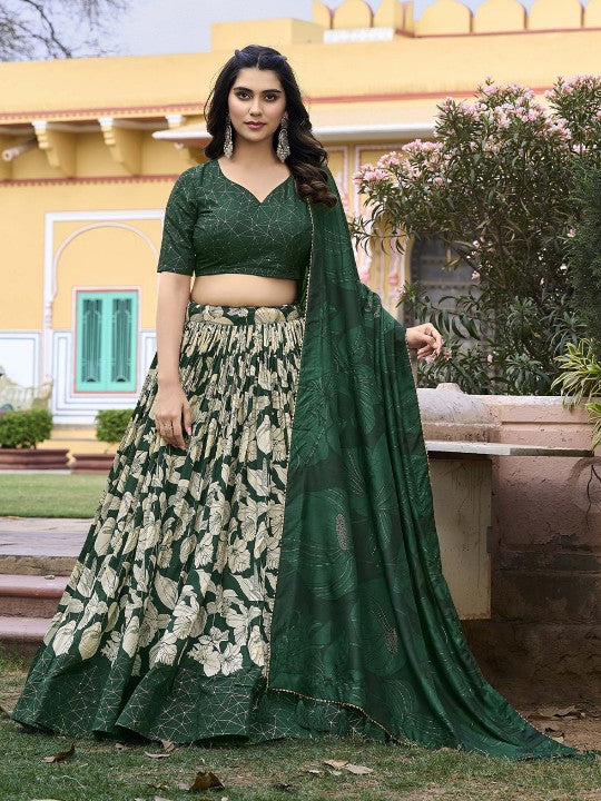 Green Color Floral Print With Foil Work Tussar Silk Lehenga Choli-1