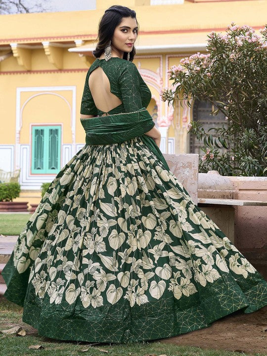 Green Color Floral Print With Foil Work Tussar Silk Lehenga Choli-2